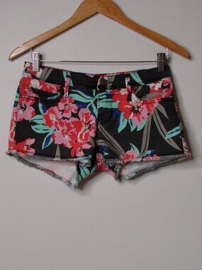 Roxy Floral Black Denim Mini Shorts Raw Frayed Hem Juniors Size 3 / 26